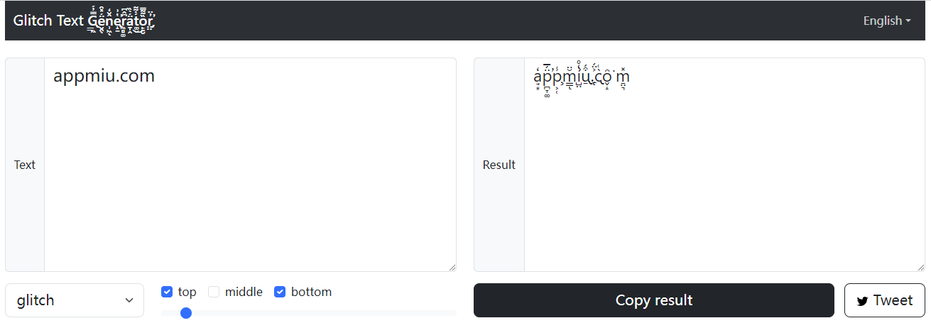Glitch Text G̢͇͖̿̓́ë̮̯̖́̽̑n̹͖̖̂̆̒e̢̝̠̔͗̕r͖̻͚͆̂͆ä̠̩̭́̀̏t͚̮́̇͌͜ȍ̙̱̮͌̿r̡̤̤̓̈̕故障字符:给英文字母添加故障字符,起个个性网名
