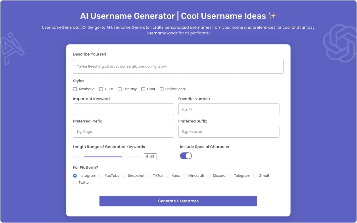 AI Username Generator | AI 免费用户名ID生成网站